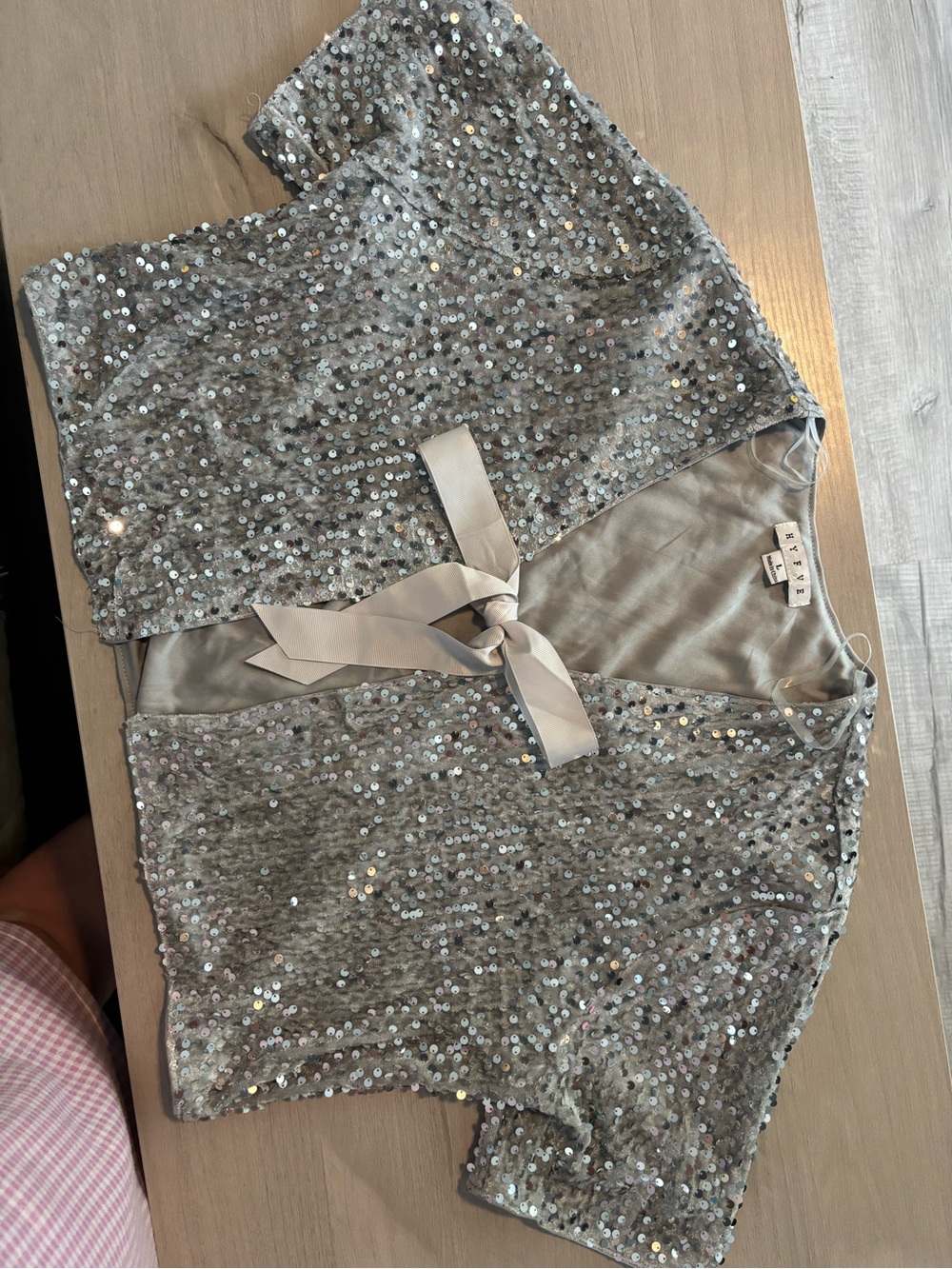 HYFVE Silver Sequin Short Sleeve Shrug with Ribbon Tie